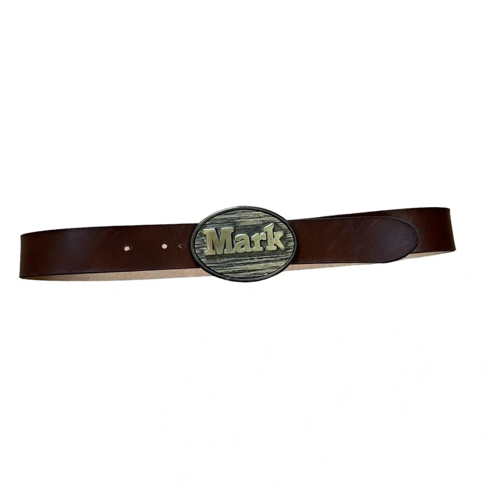 Oden Brown Leather Belt with Personalized -MARK- Name Buckle Size 26”-28”